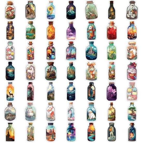 50Pcs Cartoon Glass Bottle Stickers Various Cute World in Bottle Graffiti Decals Decorative Vinyl Art Stickers Waterproof Skateboard Water Cup