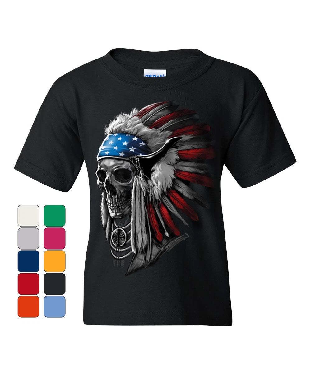 Chief Skull Headress Youth kids boys T-Shirt Native American Stars and Stripes Kids Tee 140