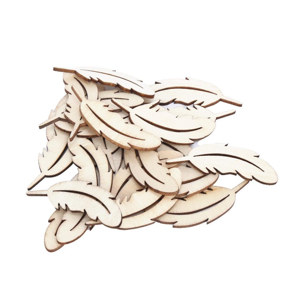 50pcs Unfinished Surface Wood Plume Cutouts Wood Slices Wooden Craft Tags For DIY Craft Project