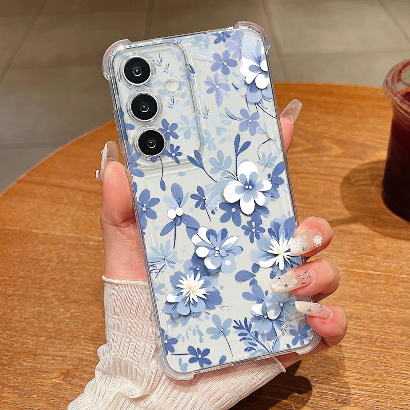 S25 Ultra Case Blue and White Flowers Pattern Clear Soft Cover For Samsung Galaxy S25 Edge S24 Ultra S23 S22 Plus S21 FE Capa Funda