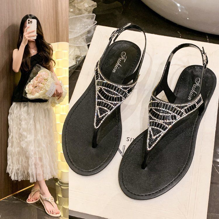 Versatile flat-bottomed casual bohemian beach sandals fashion toe rhinestone sandals women's 2025 summer and autumn new