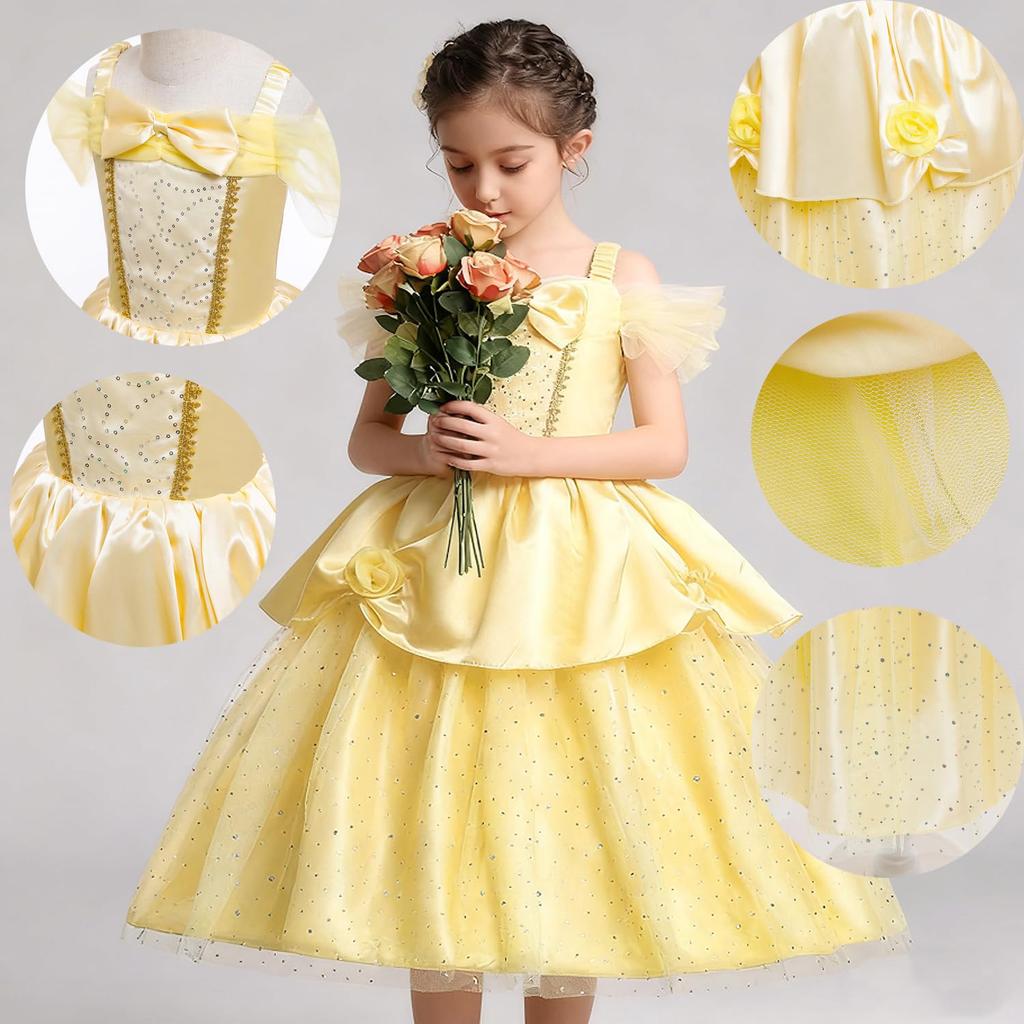 AOTYP Princess Princess Yellow 100 Dress, Kids' Dress, Headband, 8-Piece Set, Girls' Costume, Transformation, Cosplay, Halloween, Christmas, Birthday,
