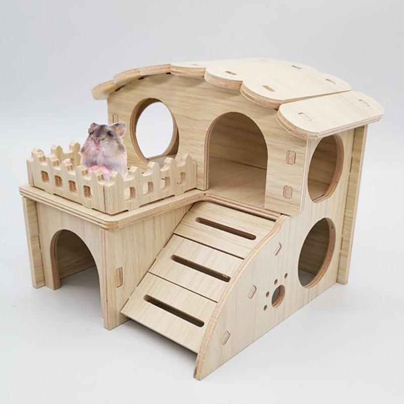 Hamster Wooden House Two Layers Cage for Play Hut Habitat Small Pets Hideout Toy for Dwarf Chinchilla Rat Hamster Hedgeh