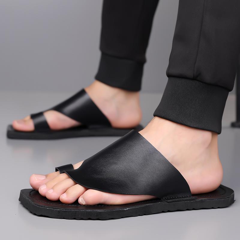 Herren Schwarze Leder Pantoffeln Einfache Flache Schuhe Sommer Weiße Flip-Flops Outdoor Römische Sandalen Braune Offene Zehen Strand Schuhe Übergröße