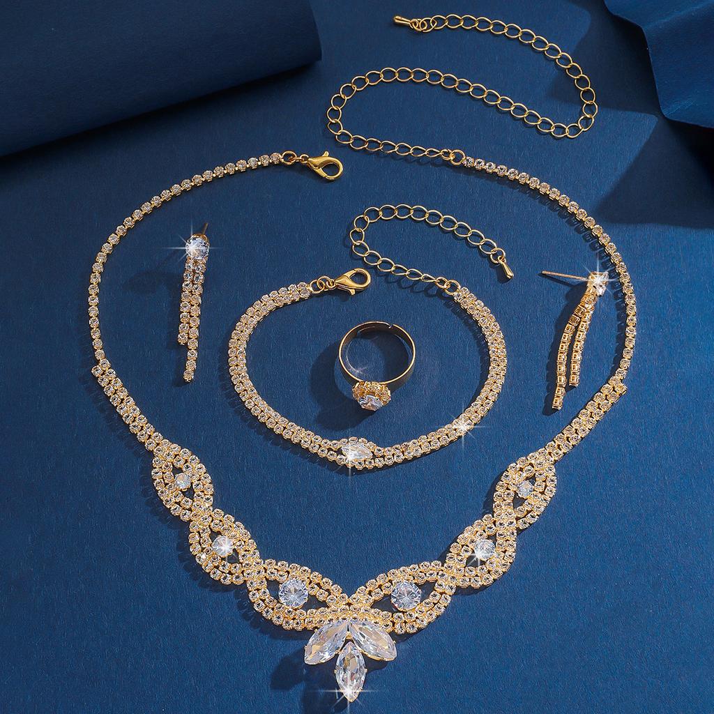 Popular Crystal Collarbone Chain Necklace Bracelet Full Diamond Bracelet Earrings Ring Set Women