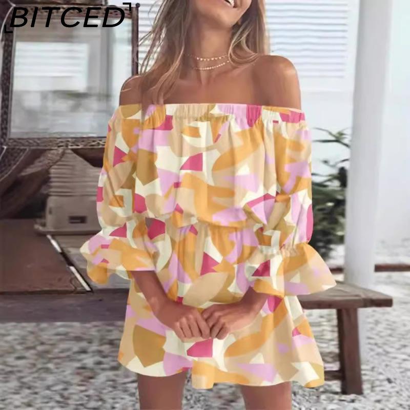 BITCED Women Floral Print Mini Dress Summer Sexy Off Shoulder Flare Sleeve Tunic Dress Female Casual Boho Beach Dress