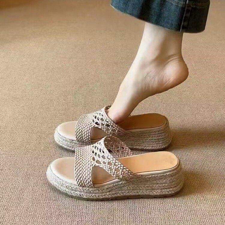 Sheepskin Version~ Thick-soled Retro Straw Woven One-word Sandals Women's Versatile Super Fire Leather Woven Comfortable Commuter Fisherman Shoes