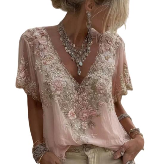 Women T-shirt V-Neck Short Sleeve 3D Imitation Jacquard Flower Decor Pullover Tops Loose Fit Summer Blouse Daily Wear