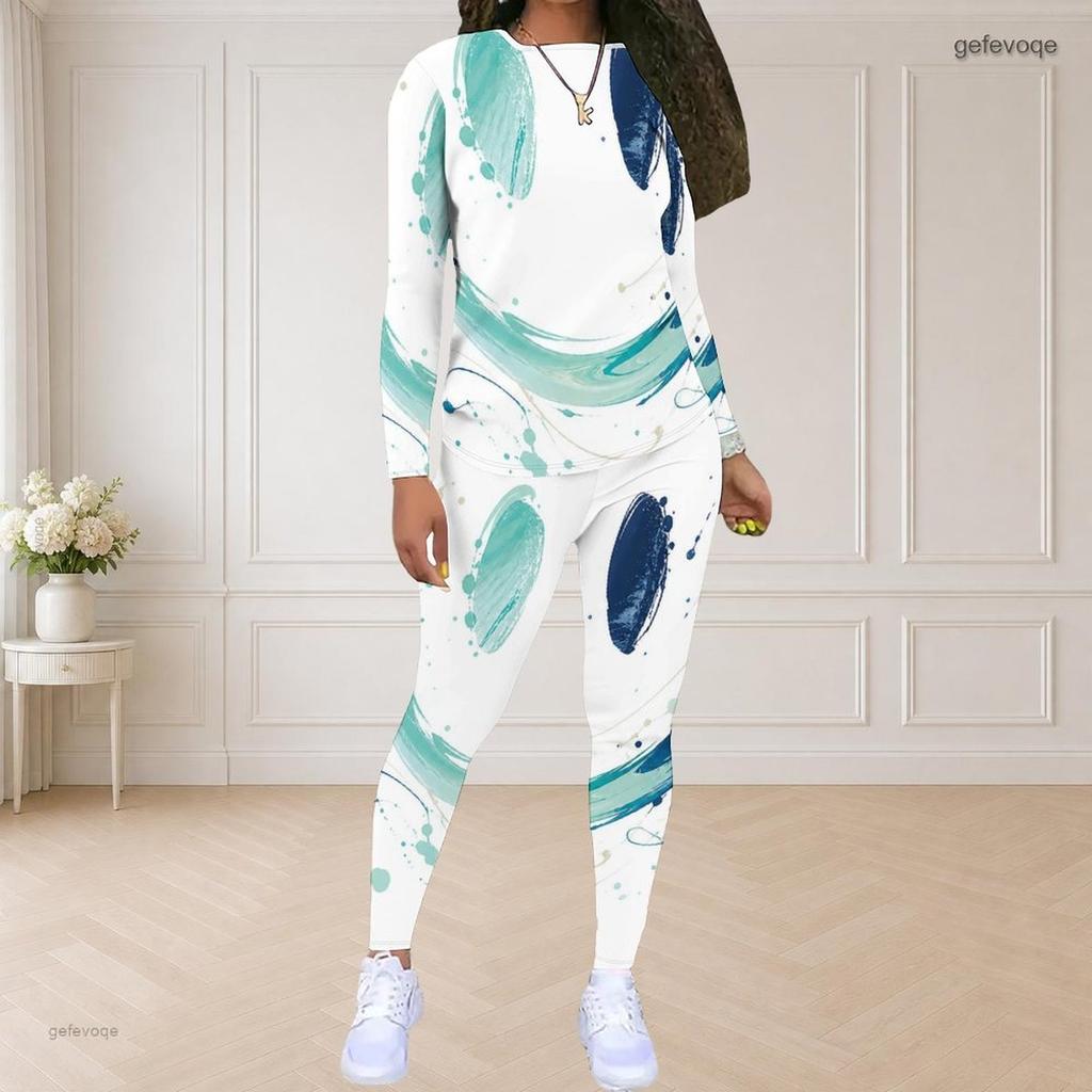 Women Plus Size Beige Green Printed Two Piece Set Round Neck Long Sleeve Top And Fitted Pants