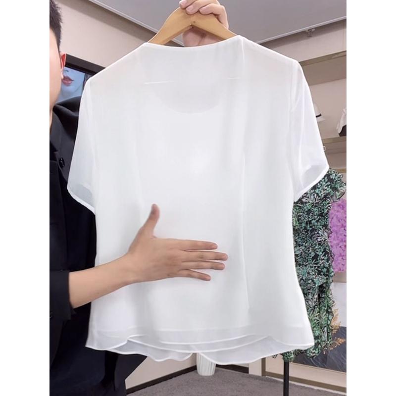 Women's Chiffon Cowl Neck Short Sleeve Blouse Loose Elegant Casual Top