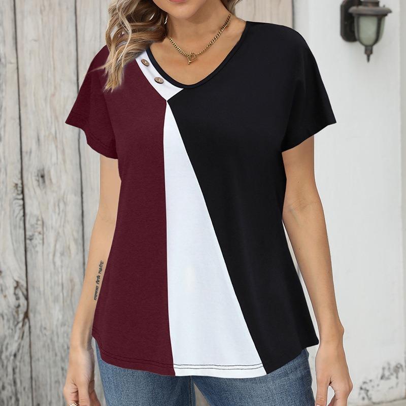 Women Color Block Print Loose Short Sleeve Casual Button T Shirt
