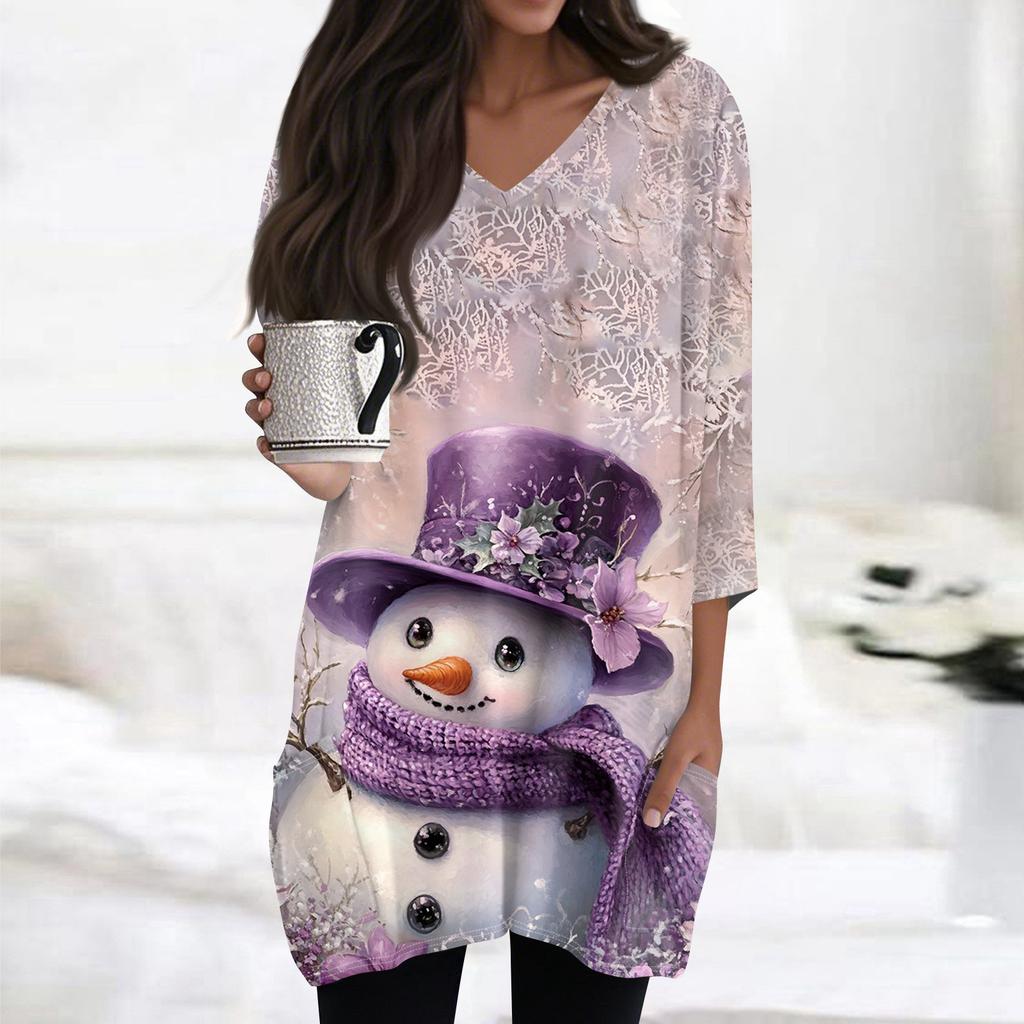 Womens Tops V-neck 3/4 Sleeve Blouses Casual Mid-length Shirts Fashion Christmas Print Tunic Tops With Pockets