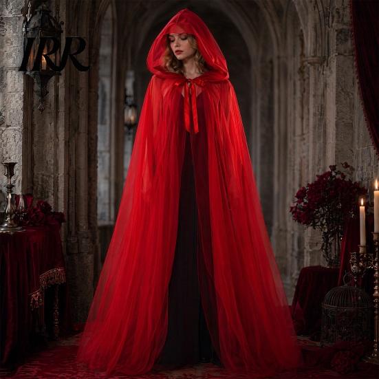 Hooded Mesh Cloak for Adults, 2 Layer Sheer Tulle Cape, Halloween Gothic Witch Queen Cosplay Costume Renaissance Accessories Grim Reaper