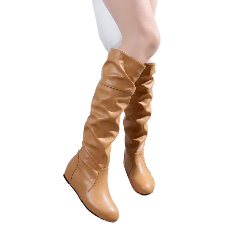 Women's Fall Winter Flat Inner Height Increasing PU Leather Round Toe Slip-On Slimming Tall Boots.