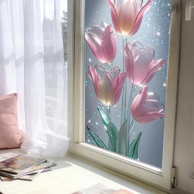 Flowers Window Privacy Film Stained Glass Tulip Butterfly Window Cling Static Glass Sticker for Home Kitchen Office Bathroom