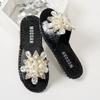 Aphixta New Gold Crystal Flower Slippers Women Summer Round Toe Shoes Outdoor Flat Heel Bling Slides Big Size43 Luxury Flip Flop