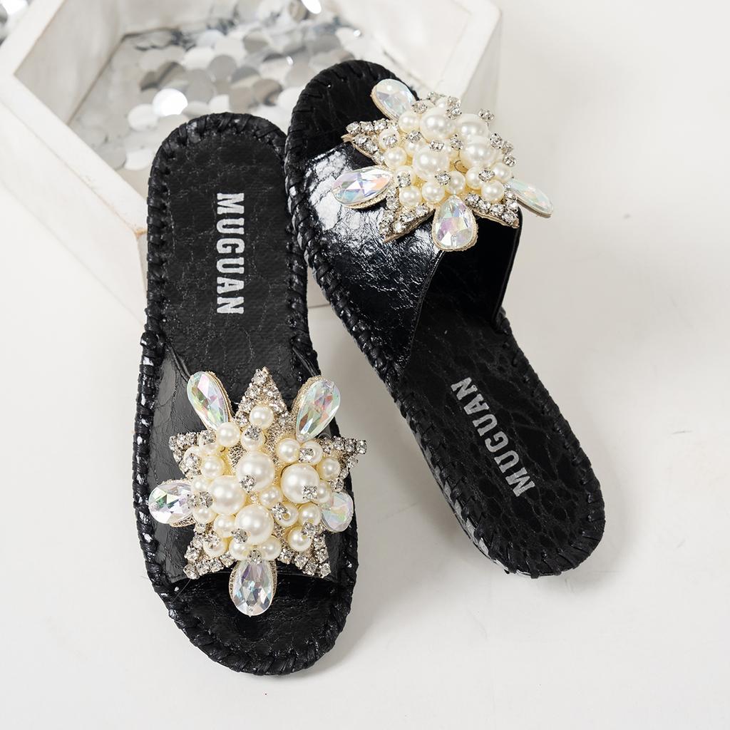 Aphixta New Gold Crystal Flower Slippers Women Summer Round Toe Shoes Outdoor Flat Heel Bling Slides Big Size43 Luxury Flip Flop