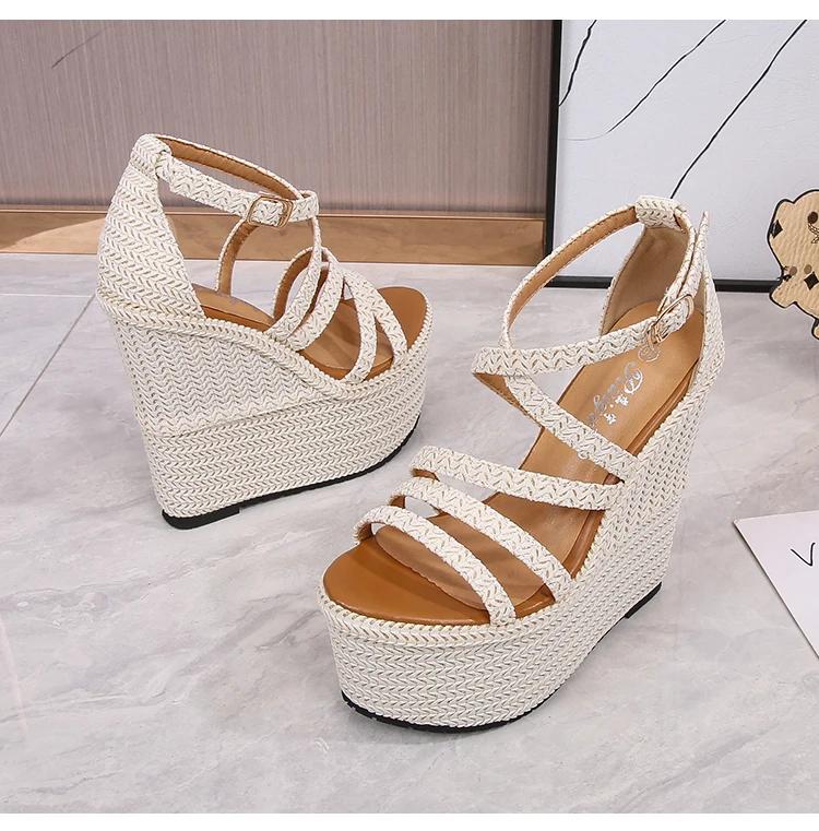 Fashion Summer 16cm High Heel Wedges Heel Sandals 14cm Fashion Thick Bottom Platform Open Toe Ladies Sandals Leather Gladiator Sandals