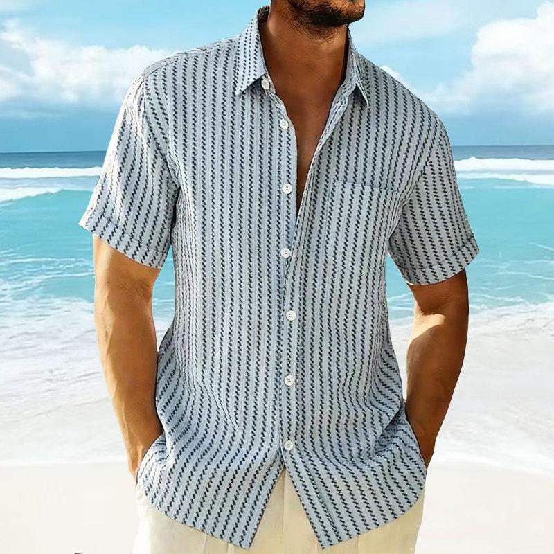 Men's Summer Casual Knitted Shirt Short Sleeve Striped Hawaiian Beach Top Fashionable Blouse