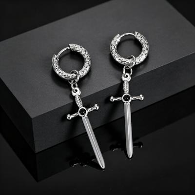 Unique Gothic Hip Hop Sword Pendant Earrings Inlaid Natural Stone Stainless Steel Dangle Earrings for Men Punk Fashion Jewelry