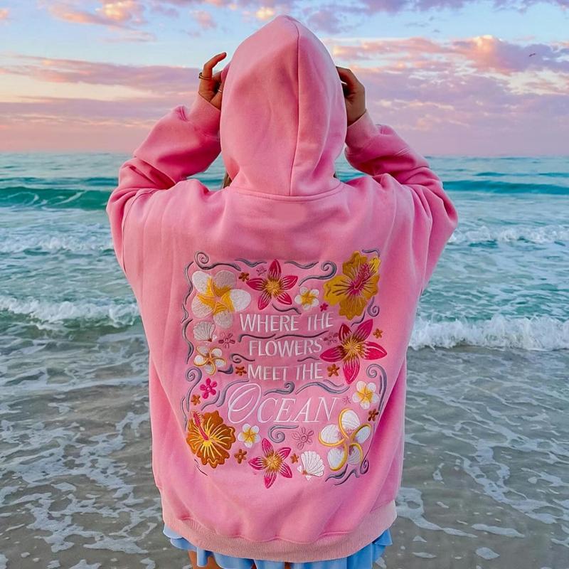 STREETRICH Women Fall Winter Y2K Aesthetic Back Floral Letter Embroidery Hooded Top Long Sleeve Loose Fit Pullover with Pockets
