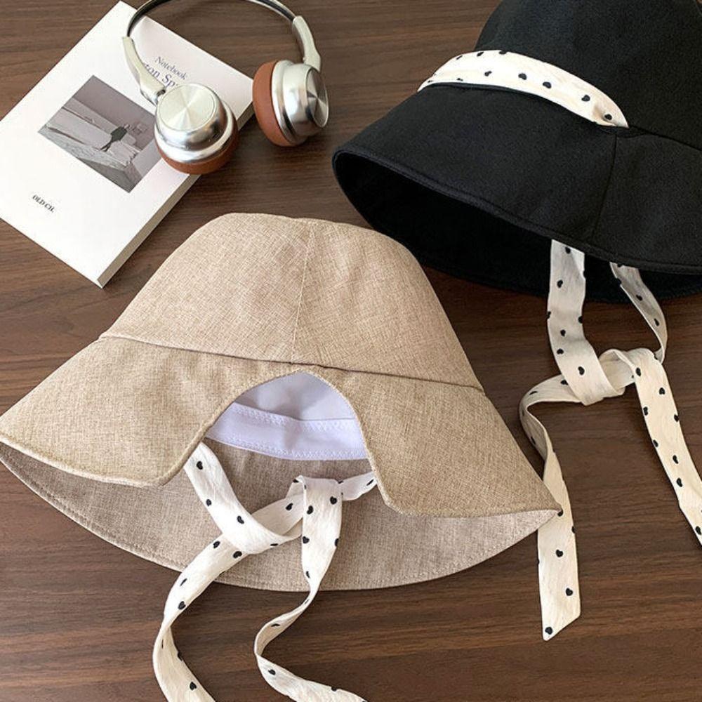 Casual Polka Dot Ribbon Women Fisherman Hat Lace Wide Brim Summer Sun Hat Cotton Sun Protection Sunscreen Visor Cap Camping
