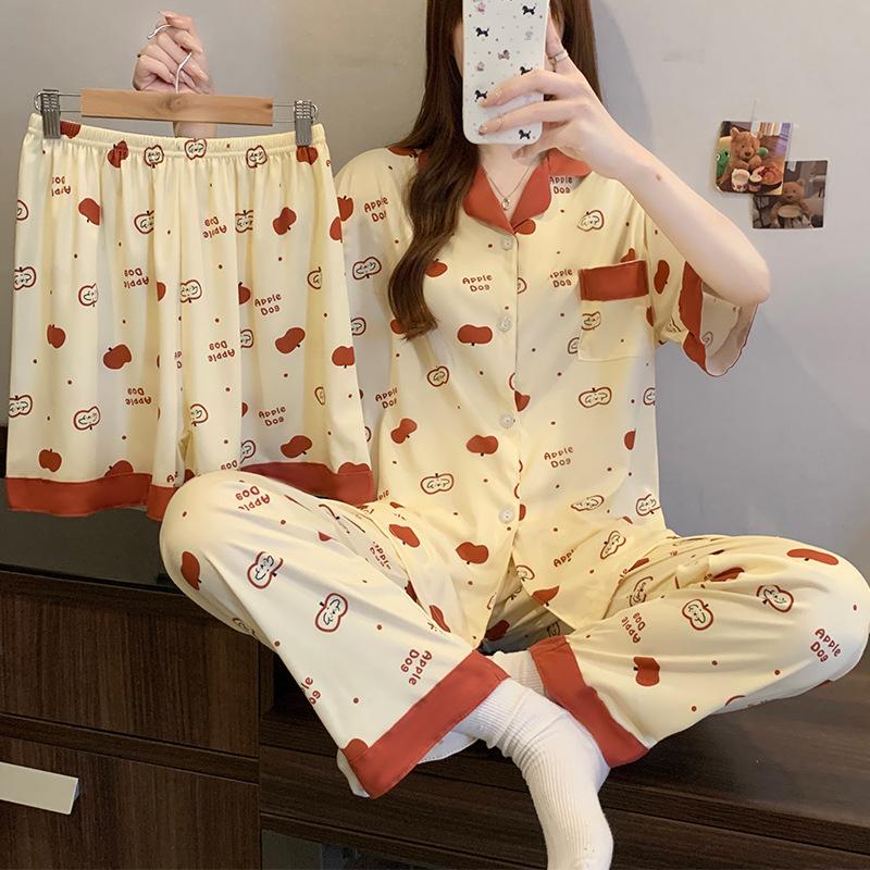 Spring And Summer Pajamas Women'S Summer Cartoon Apple Full Print Short-Sleeved Three-Piece Set Thin Sweet Girl Loungewear