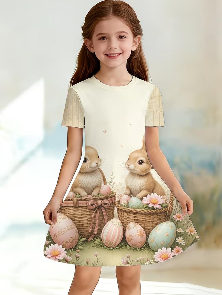 Girl Clothes Cute Rabbit Graphic Printed Girls' Princess Dress Summer Casual Dress for Girls Outfit O-Neck Birthday Gift Clothes
