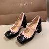 Fashion 2024 New Fashion Bowknot Mary Jane Shoes with Square Toe Platform High Thick Heel Pumps Breathable Dress High Heels Party Shoes