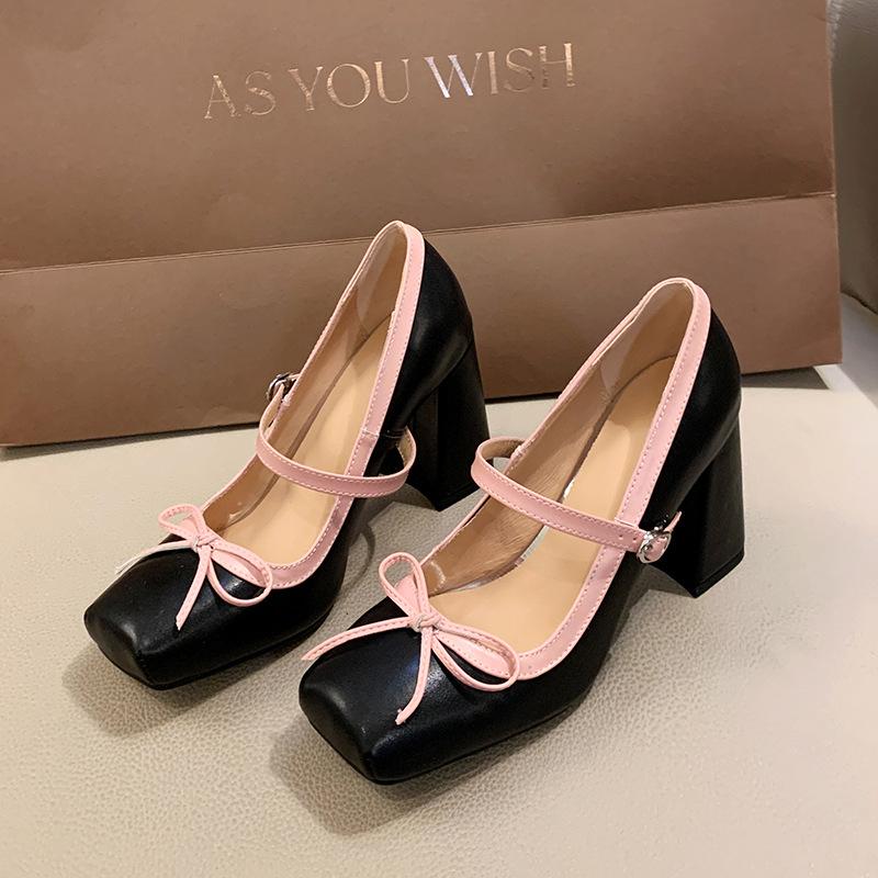Fashion 2024 New Fashion Bowknot Mary Jane Shoes with Square Toe Platform High Thick Heel Pumps Breathable Dress High Heels Party Shoes