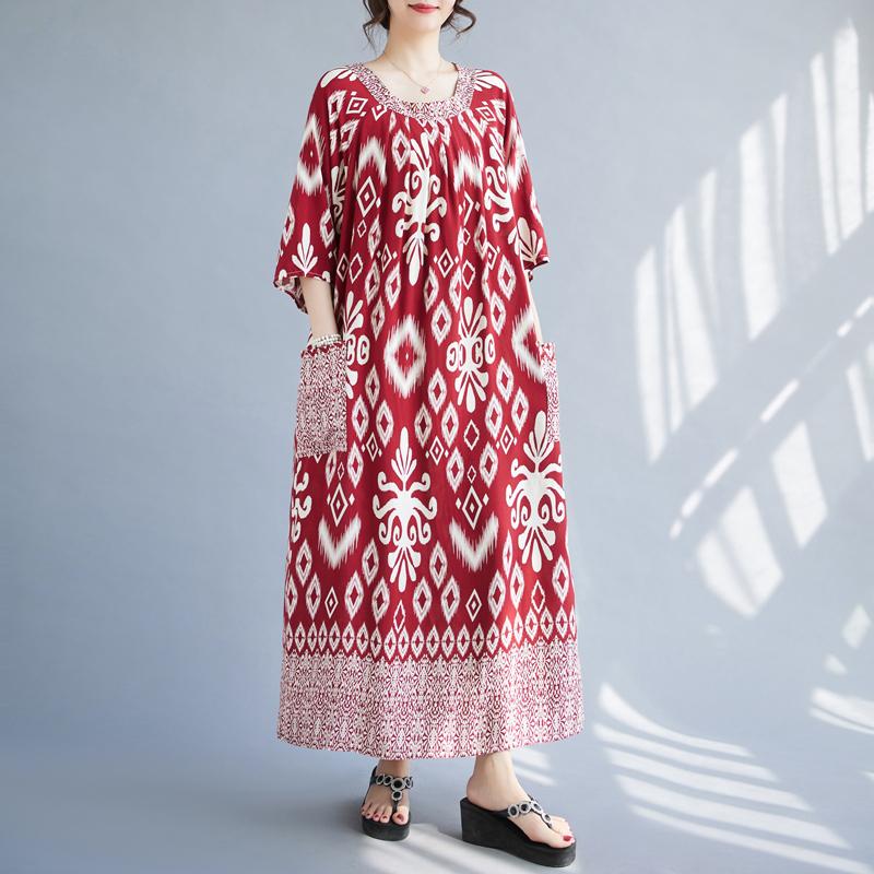 DIMANAF Plus Size Women 2024 New Summer Cotton Dress Vintage Dress O-Neck Basic Loose Long Dresses Oversize