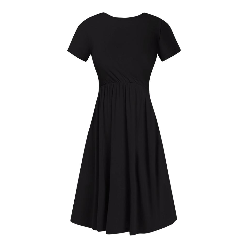 Women's Ladies Summer Casual Loose Color V-Neck Short Sleeve Dress