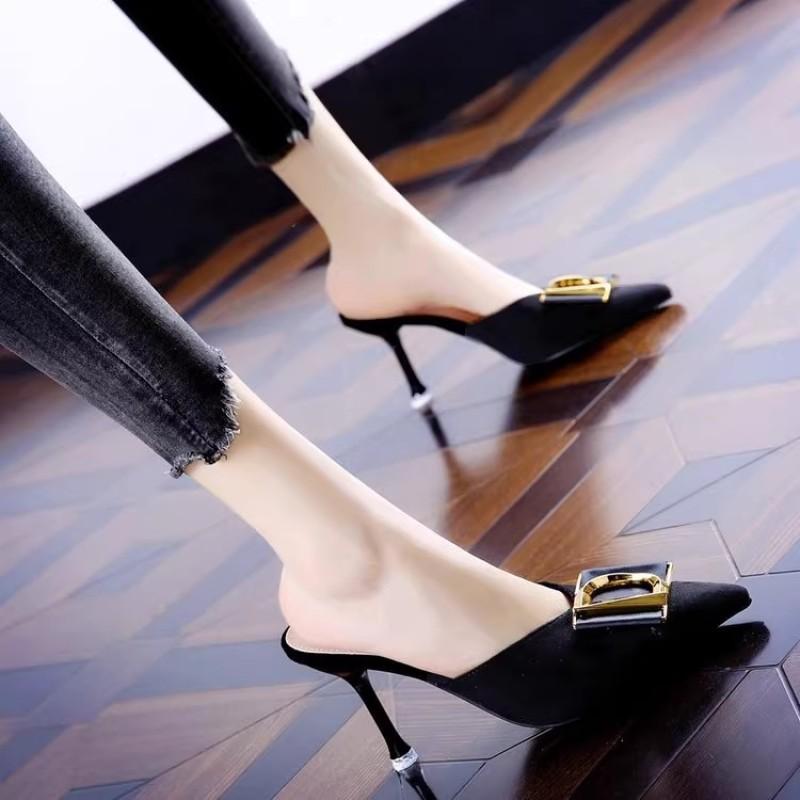 Summer Temperament Elegant Thousand Bird Grid Bag Head Half Slippers Women's Metal Buckle Pointed Thin Heel High Heel Cool Slippers