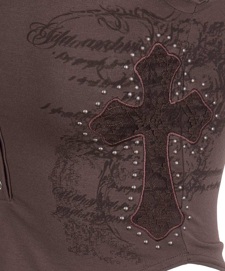 Gillaakaibeu Lace Cross Patched Button Crop T-Shirts_Brown