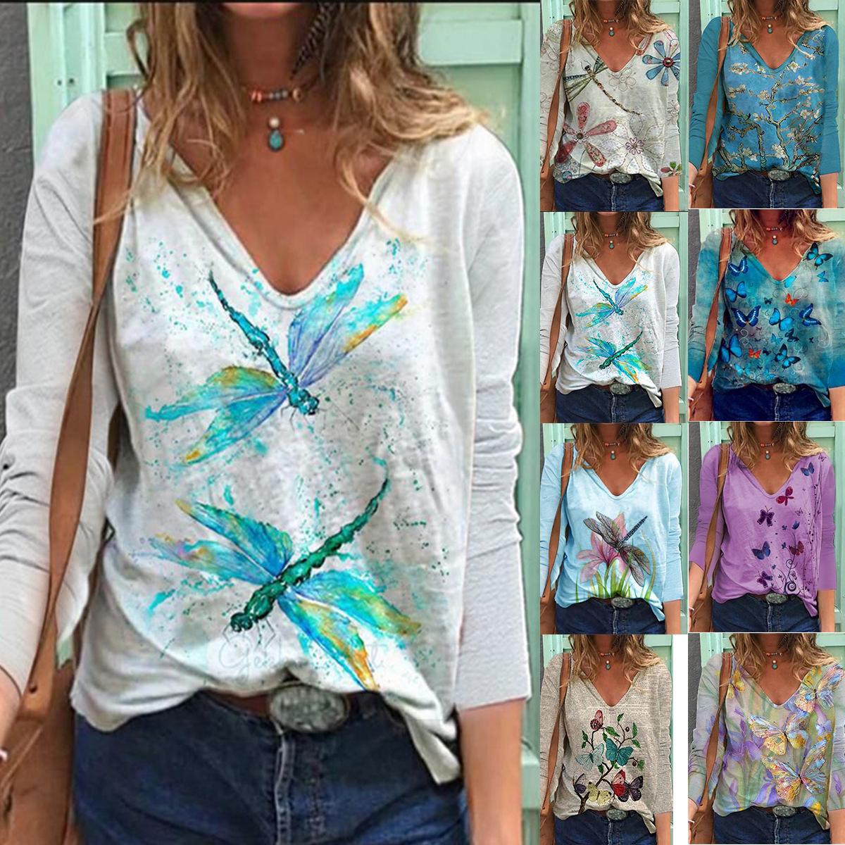 

Женские осенние футболки с принтом бабочки, повседневные свободные женские топы с V-образным вырезом и длинными рукавами