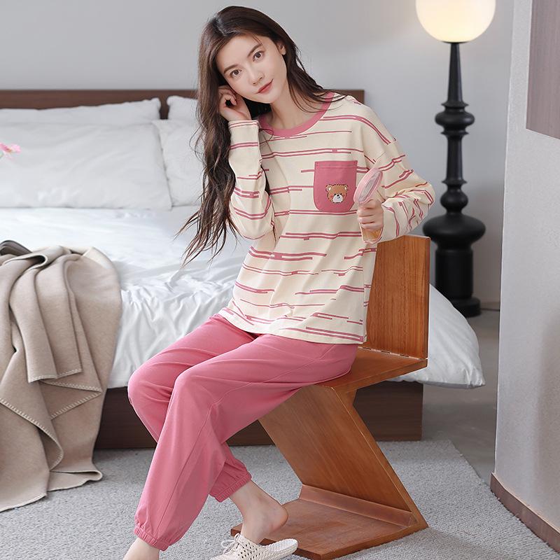 Ensemble de Pyjama pour Femme 100% Coton – Respirant, Absorbant la Sueur, Manches Longues Col Rond pour Porter à l'Intérieur et à l'Extérieur (Automne hiver)