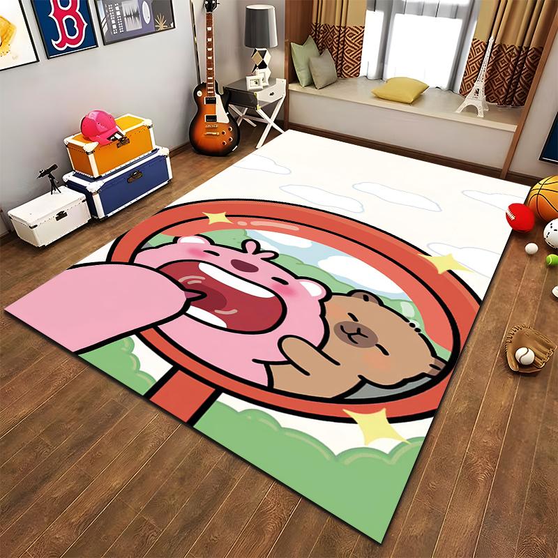 "Cartoon Pink Hippo and Brown Bear Pattern Kids Room Carpet Decor" Suitable for Use As an Anti-slip for Living Room Bedroom Sofas