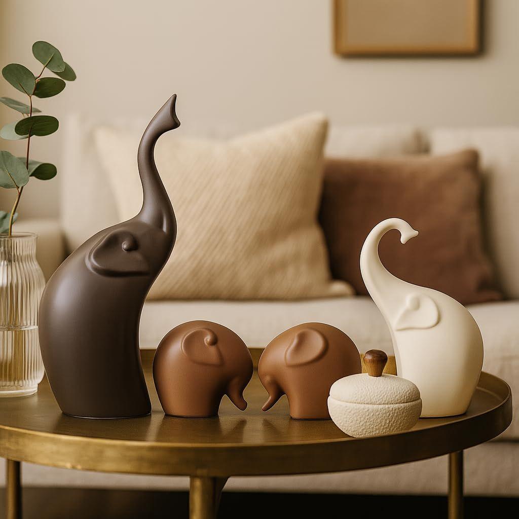 Home Décor Elefantenfamilie Keramikfiguren mit mattem Finish - (4-teiliges Set, Mattbraun)
