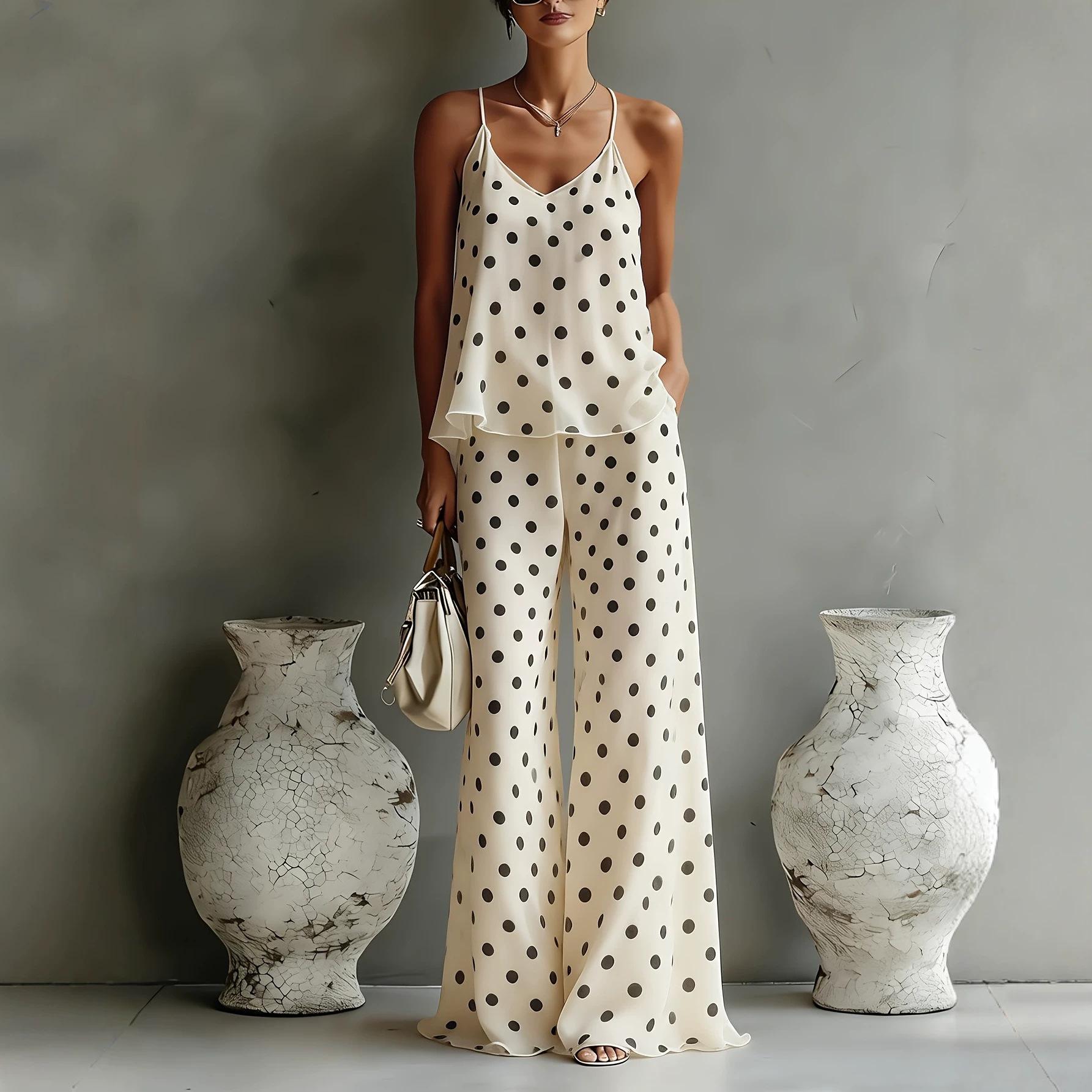 European and American cross-border women s vacation bohemian chiffon polka dot sleeveless V-neck halter shirt polka dot wide-leg pants trousers S