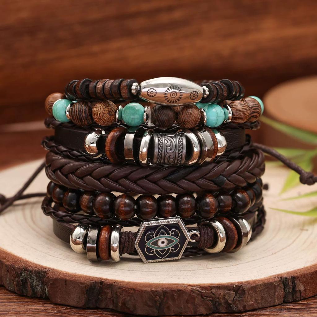 New Wood Bead Beaded Multi-layer Retro Flower Peacock Feather Heart-shaped Hand-woven Set Bracelet