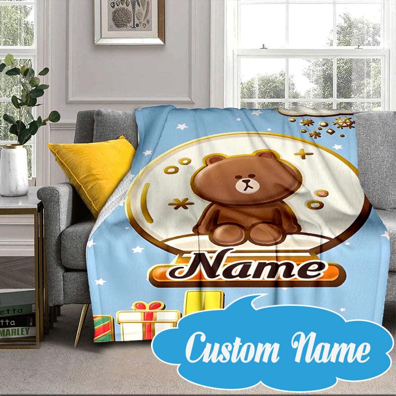 Custom Name Brown Bear Celebration Blanket bed sofa Blanket Flannel Blanket for Camping, Hiking, Picnic Essentials,gift for Fan family