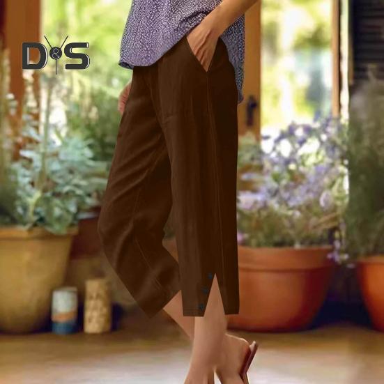 Women Cropped Pants Elastic Waist Wide Leg Beach Pants with Pockets Solid Color Casual Loose Fit Pants