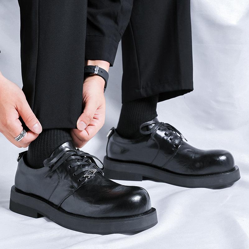 Niche big head derby shoes men's British style black round head platform small leather shoes casual commuter trendy shoes 155155-R