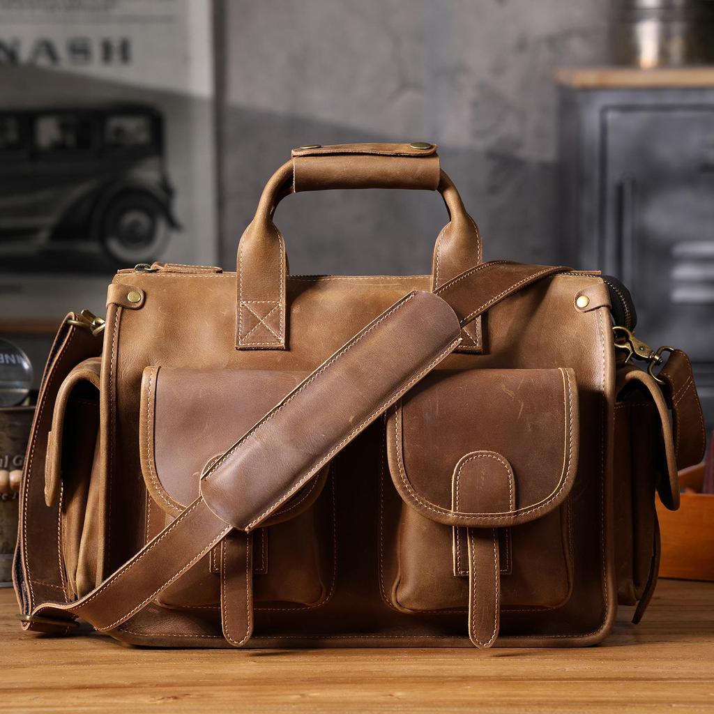 Men's Genuine Leather Crazy Horse Briefcase & Messenger Laptop Bag