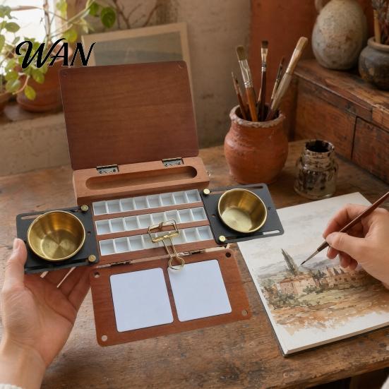 24-grid Paint Palette 24-Grid Watercolor Box, Travel with Brush Cup Holders, Metal Sliding Holder Two Mixing Areas, Wooden Portable Paintbox