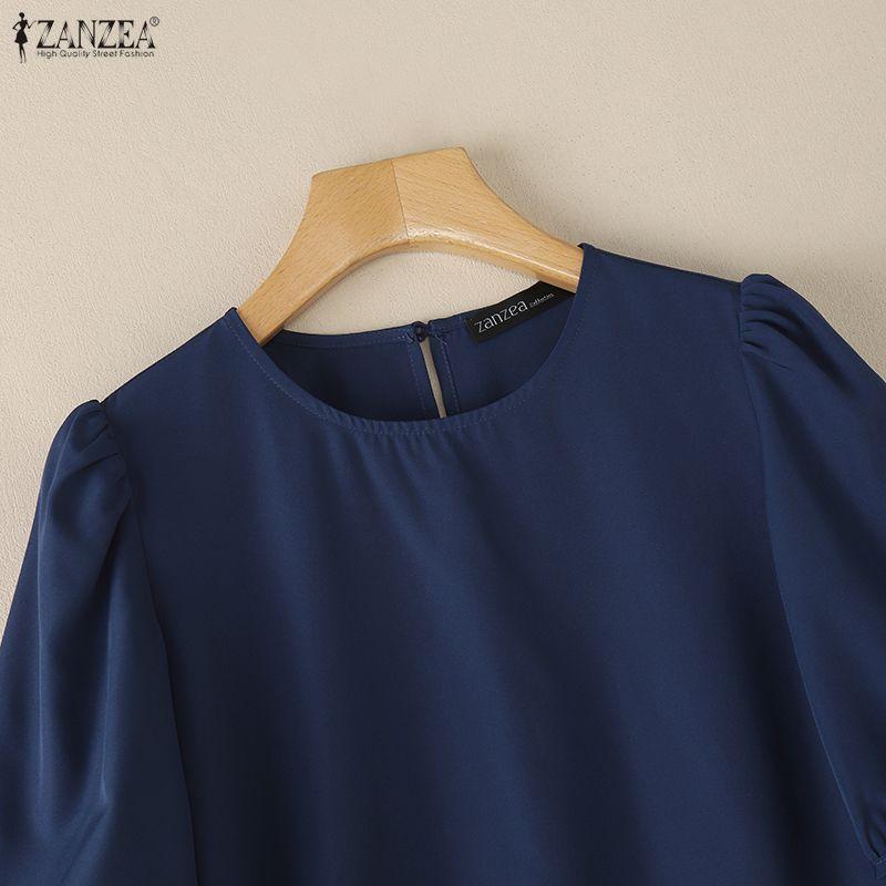 ZANZEA Lässige Bluse mit Rundhalsausschnitt, einfarbig, locker und kurzärmelig für Damen