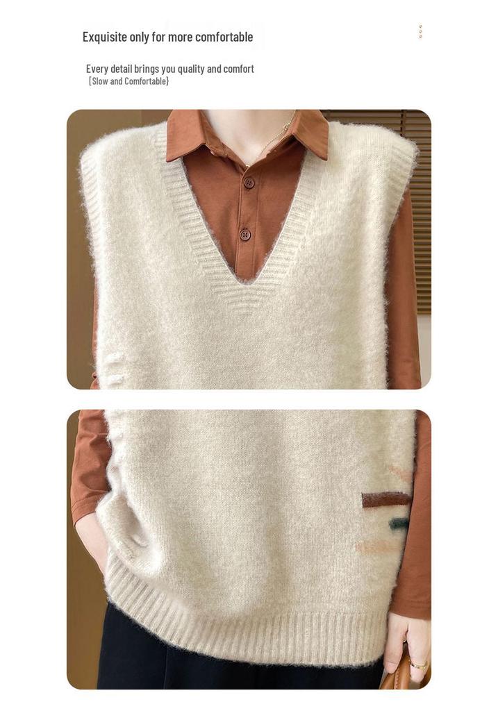 Pure Wool V-Neck Knit Vest - Versatile, Solid Color, Loose Fit, Sleeveless Pullover Cardigan