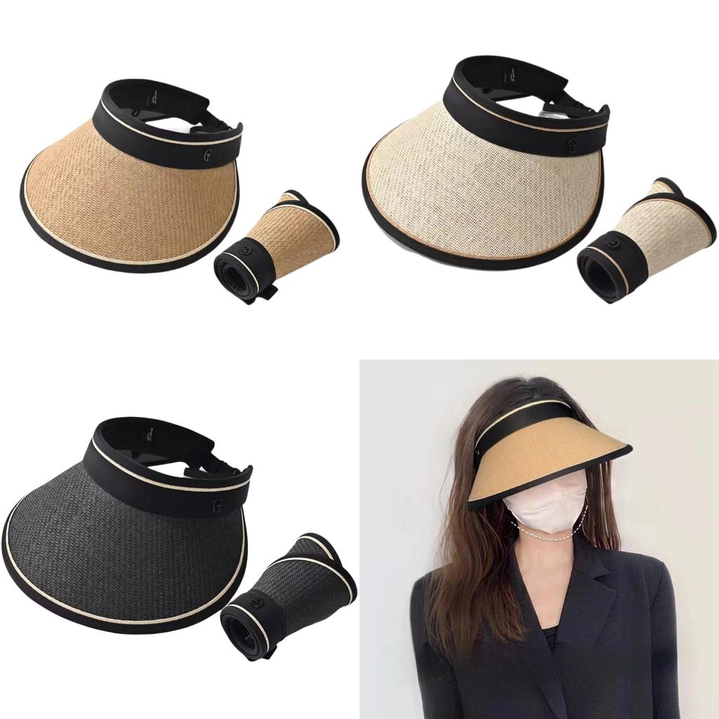 Sunshade Women Straw Hat Empty Top Large Brim Outdoor Sun Protection Collapsible