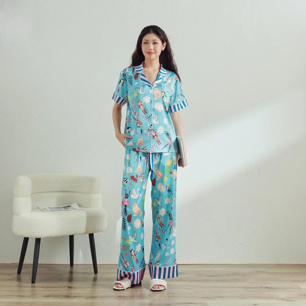 Neue französische Damen-Nachtwäsche Eis-Seide bedrucktes Mittelarm-Set mit hochwertigem Gefühl, Ins-Stil Revers Hausanzug Set Pyjama