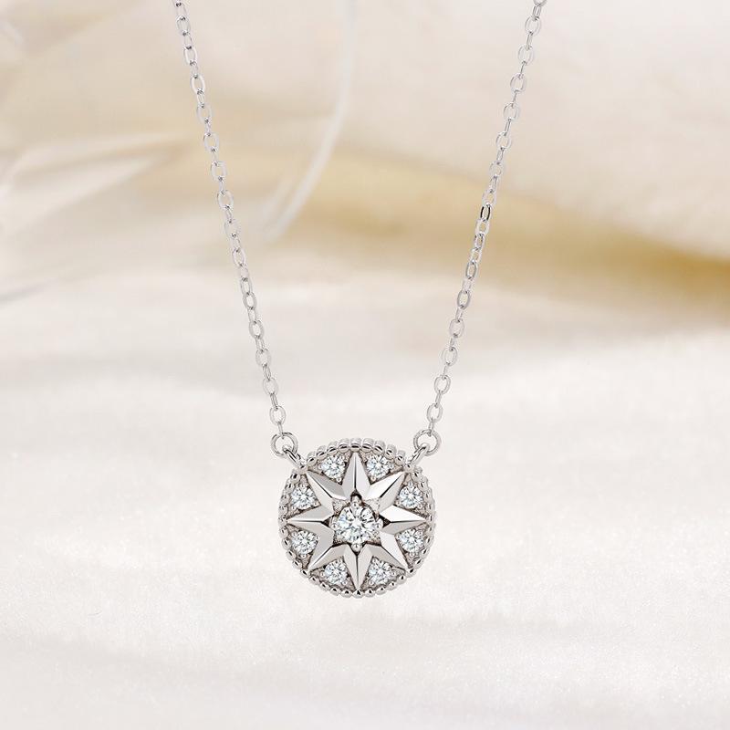 S925 Sterling Silver Double-Sided Diamond Star Necklace - Elegant Compass Design with Sparkling Clavicle Chain 925 Silver